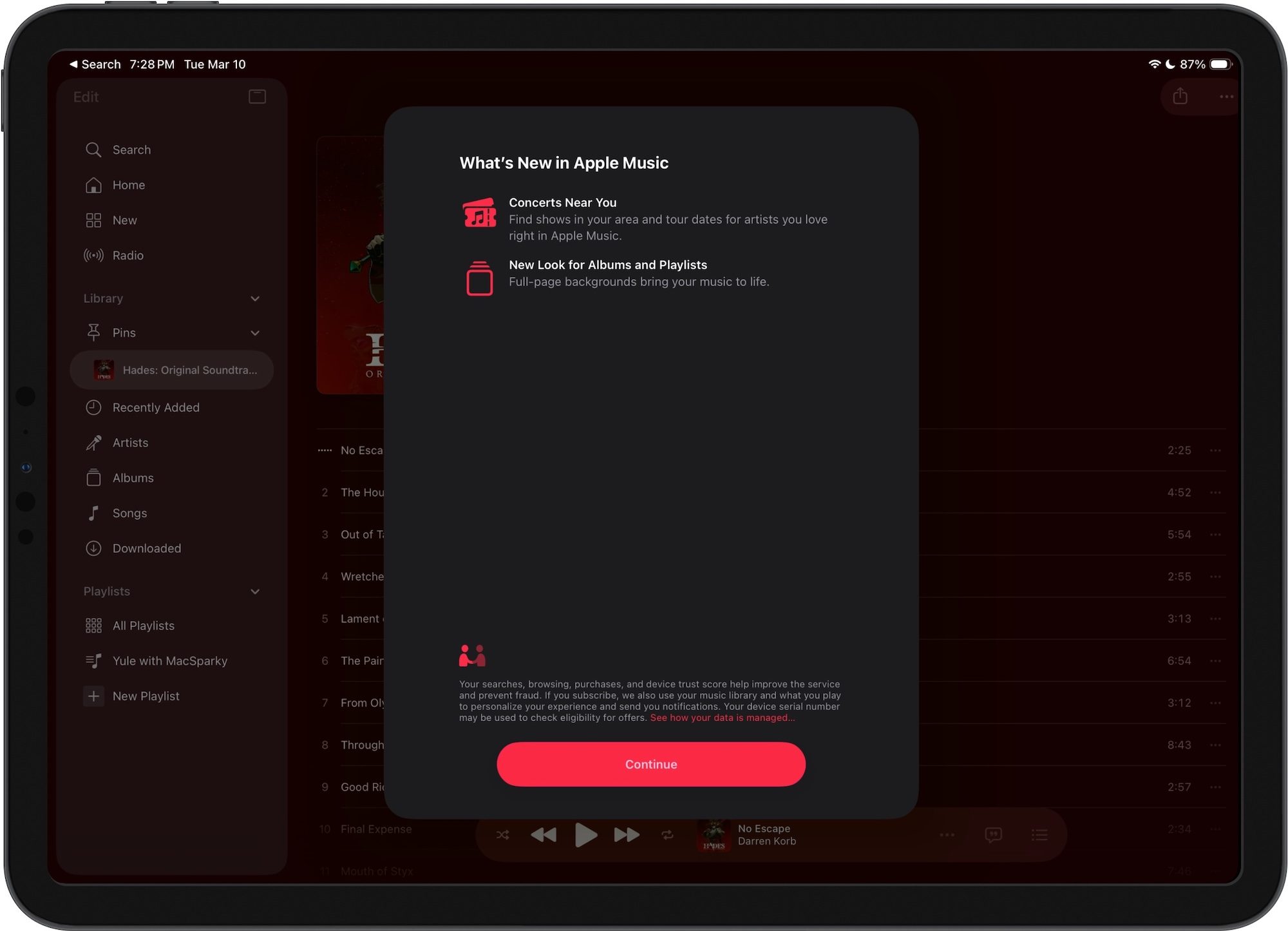 Apple Music splash screen showing new features
