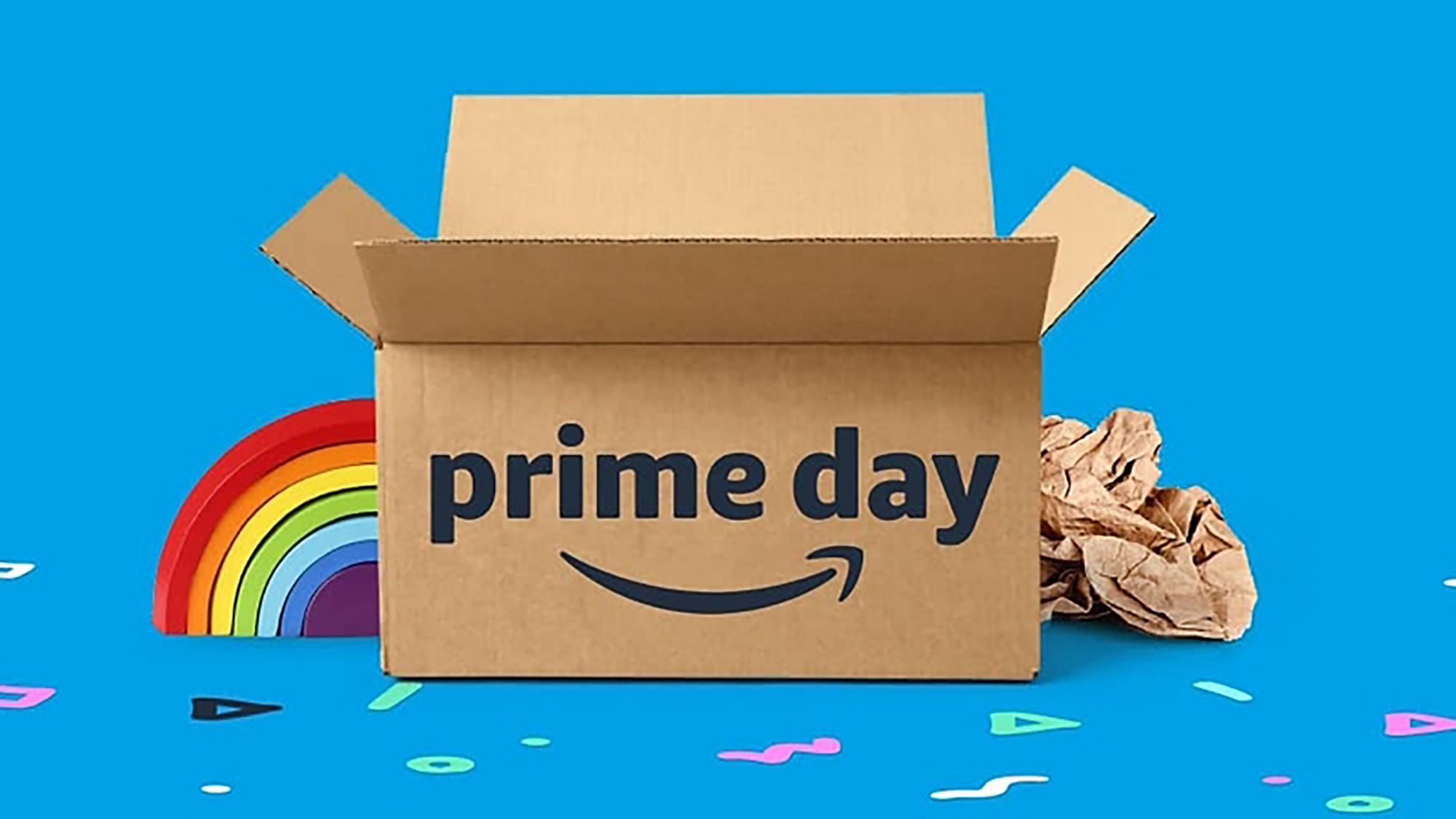 Prime Day written on a cardboard box with a rainbow nearby.